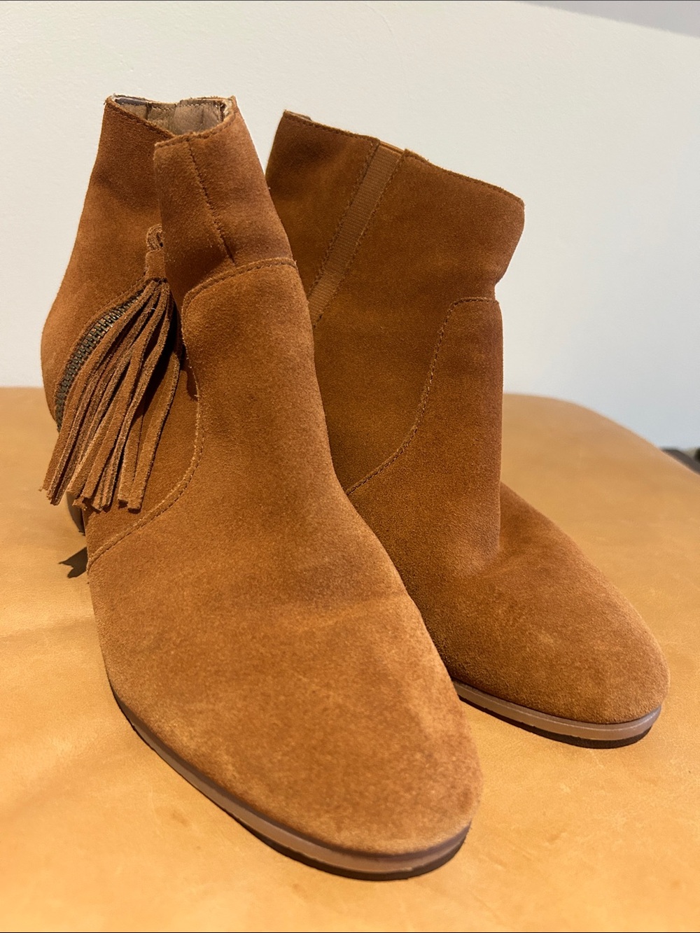 Tahari Suede Tassel Ankle Boots - Cognac Brown